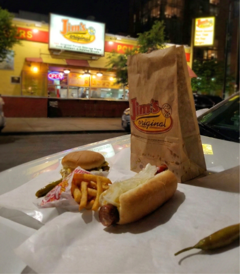 Jim's Original Exterior (hot dog and burger on a car hood)